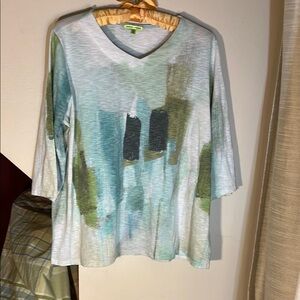 Multicolor V Neck Long 3/4 Sleeve Boxy Abstract Top Art Teacher‎